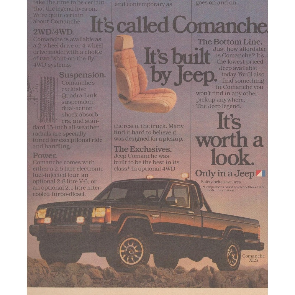 Vintage 1985 Jeep Comanche XLS Print Ad 4x4 Pickup Truck Off-Road SUV Decor